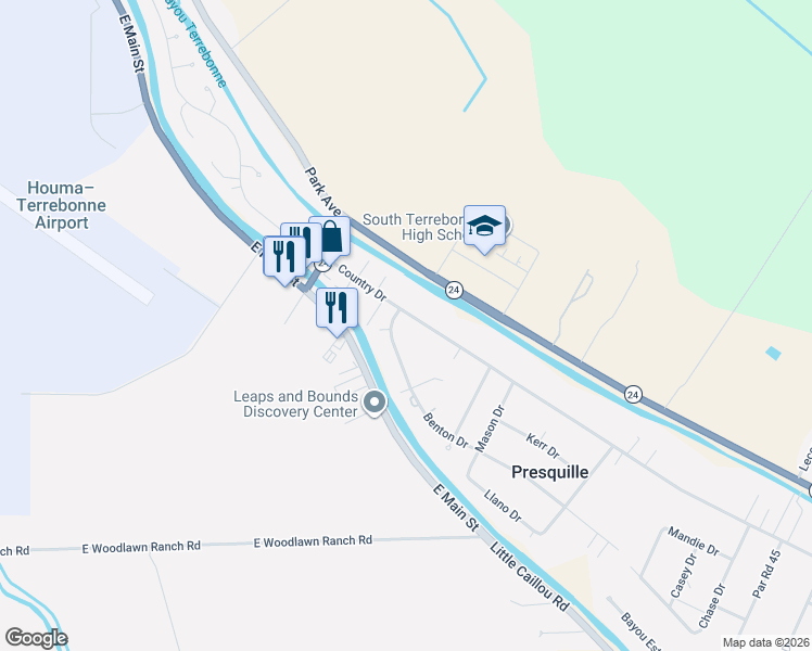 map of restaurants, bars, coffee shops, grocery stores, and more near 3900 Country Drive in Bourg