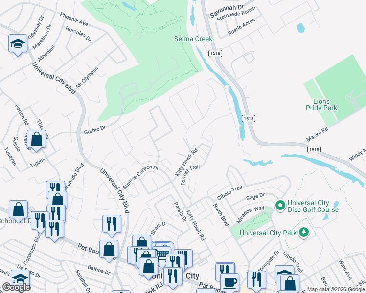 map of restaurants, bars, coffee shops, grocery stores, and more near 133 Kitty Hawk Rd in Universal City