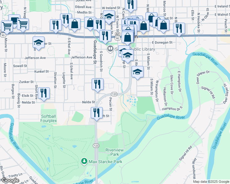 map of restaurants, bars, coffee shops, grocery stores, and more near 804 South Austin Street in Seguin