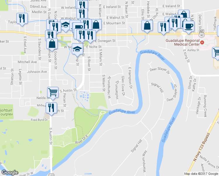 map of restaurants, bars, coffee shops, grocery stores, and more near 107 West Hampton Drive in Seguin