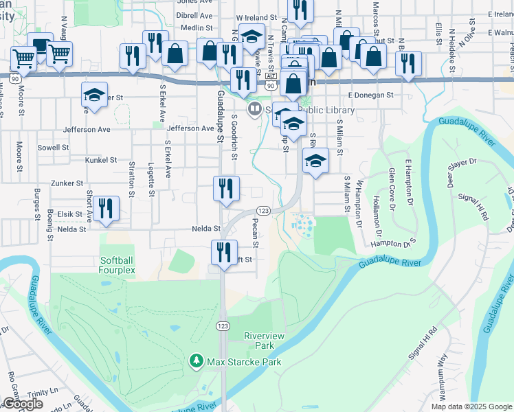 map of restaurants, bars, coffee shops, grocery stores, and more near 804 South Austin Street in Seguin