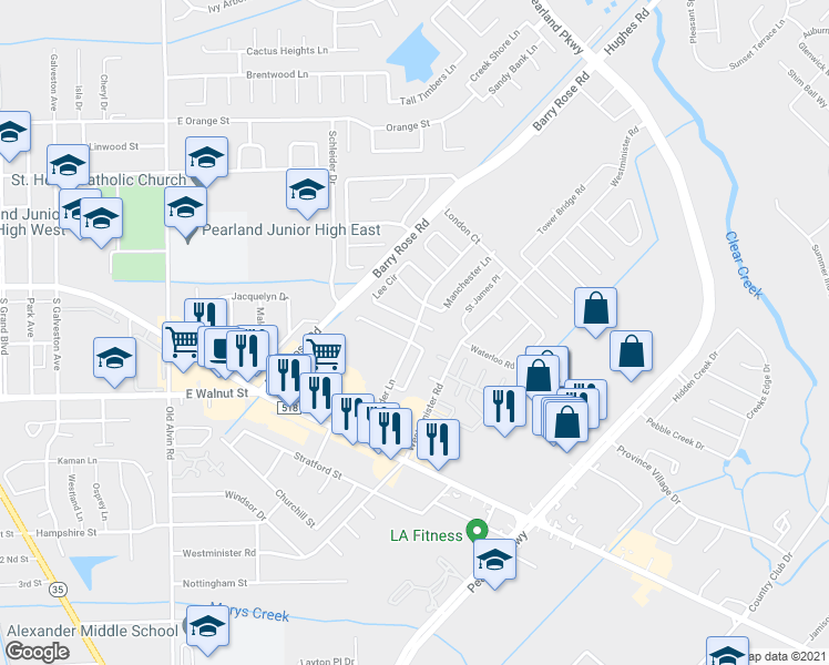 map of restaurants, bars, coffee shops, grocery stores, and more near Alexander Lane in Pearland