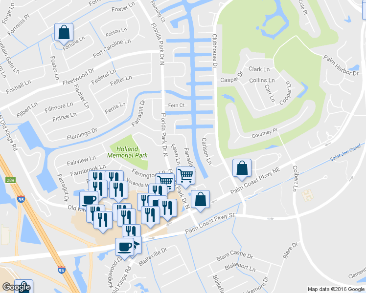map of restaurants, bars, coffee shops, grocery stores, and more near 35 Farraday Lane in Palm Coast