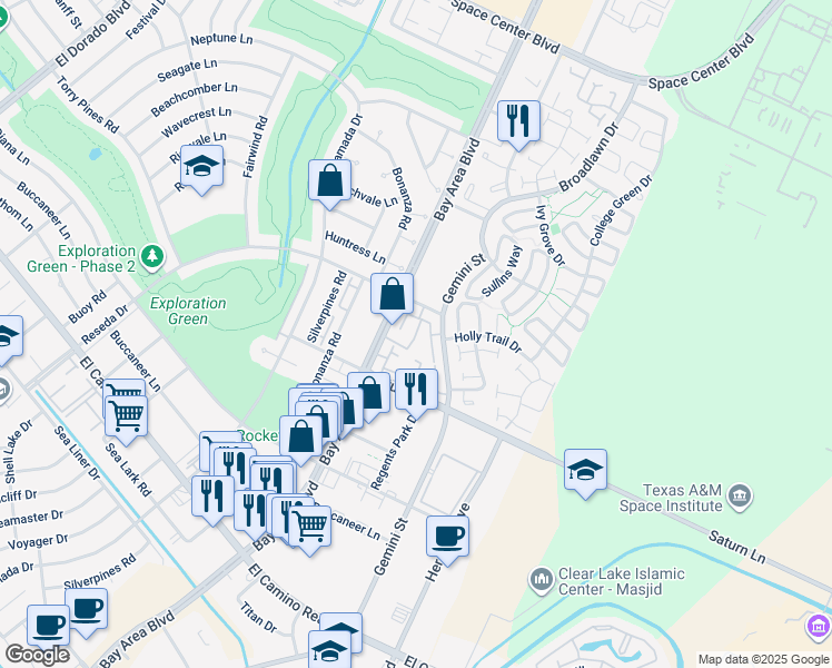 map of restaurants, bars, coffee shops, grocery stores, and more near 1516 Bay Area Boulevard in Houston