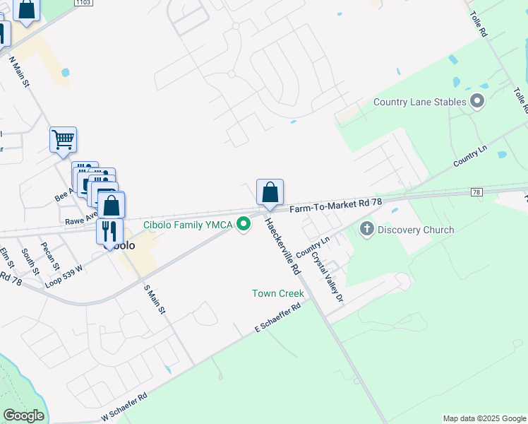 map of restaurants, bars, coffee shops, grocery stores, and more near 200 Farm to Market Road 78 in Cibolo