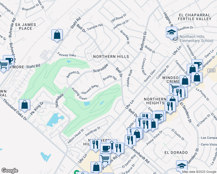 map of restaurants, bars, coffee shops, grocery stores, and more near 4418 Putting Green in San Antonio