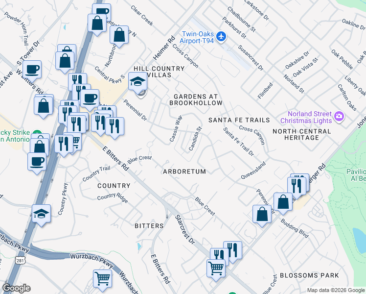 map of restaurants, bars, coffee shops, grocery stores, and more near 13306 Caper Lane in San Antonio