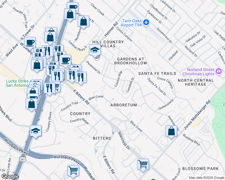 map of restaurants, bars, coffee shops, grocery stores, and more near 1434 Plumeria Street in San Antonio