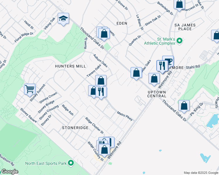 map of restaurants, bars, coffee shops, grocery stores, and more near 3735 Mill Meadow Dr in San Antonio