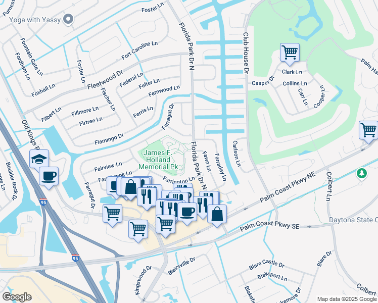 map of restaurants, bars, coffee shops, grocery stores, and more near 2 Fawn Lane in Palm Coast