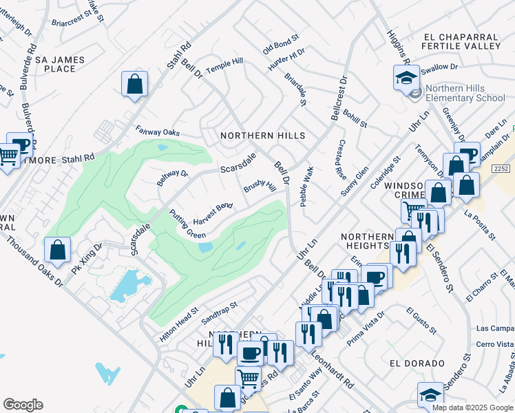 map of restaurants, bars, coffee shops, grocery stores, and more near 4418 Putting Green in San Antonio