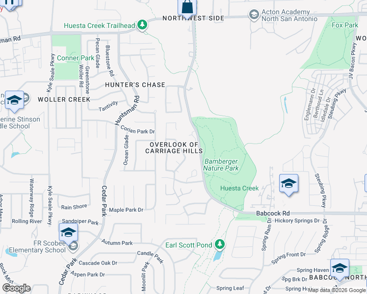 map of restaurants, bars, coffee shops, grocery stores, and more near 12534 Carriage Boulevard in San Antonio