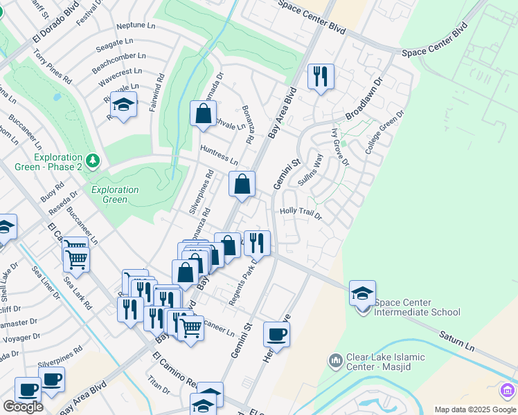 map of restaurants, bars, coffee shops, grocery stores, and more near 1516 Bay Area Boulevard in Houston