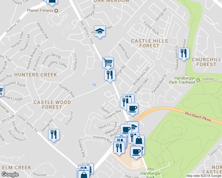 map of restaurants, bars, coffee shops, grocery stores, and more near 13141 Northwest Military Highway in San Antonio