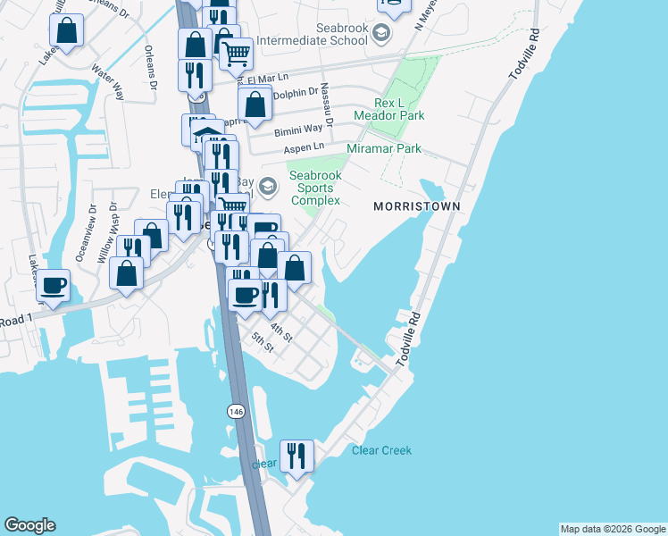 map of restaurants, bars, coffee shops, grocery stores, and more near 1228 1st Street in Seabrook