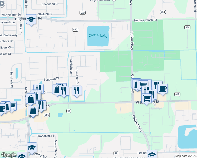 map of restaurants, bars, coffee shops, grocery stores, and more near 8802 Sunforest Lane in Pearland