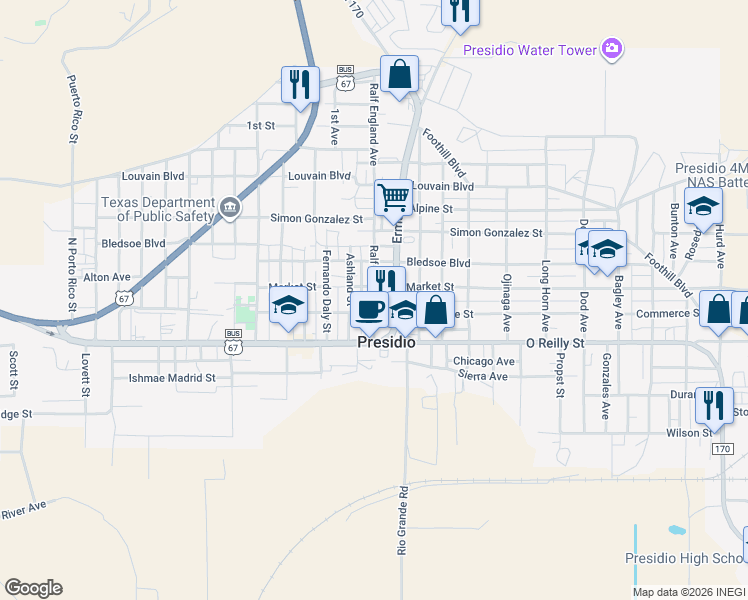 map of restaurants, bars, coffee shops, grocery stores, and more near Commerce Street in Presidio