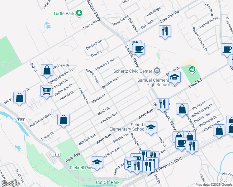 map of restaurants, bars, coffee shops, grocery stores, and more near 605 Pecan Drive in Schertz