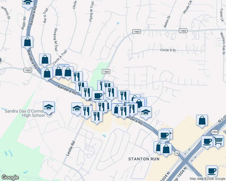 map of restaurants, bars, coffee shops, grocery stores, and more near 12822 Bridge Cedar in Helotes