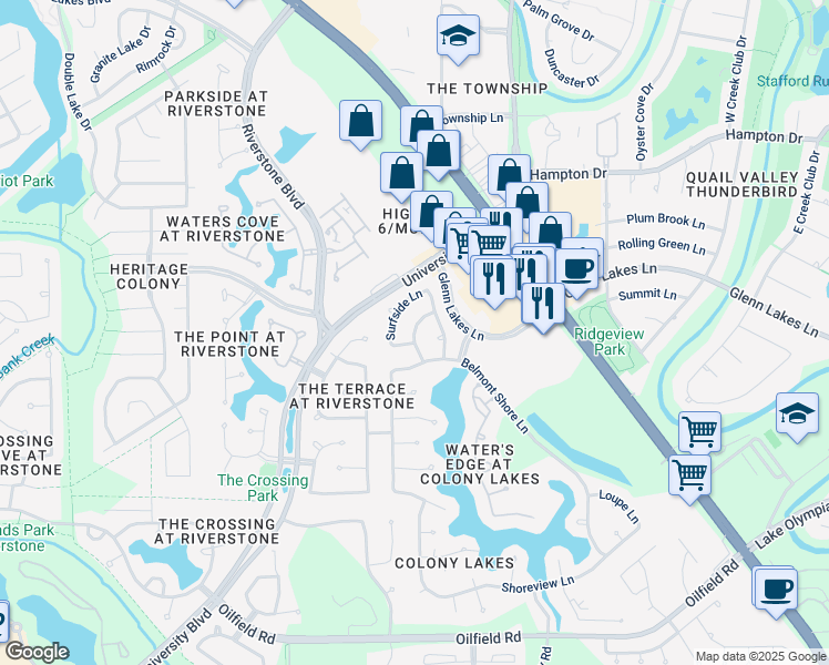map of restaurants, bars, coffee shops, grocery stores, and more near 6307 Harbour Gateway Lane in Missouri City