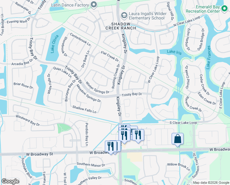 map of restaurants, bars, coffee shops, grocery stores, and more near 2700 Kingsley Drive in Pearland