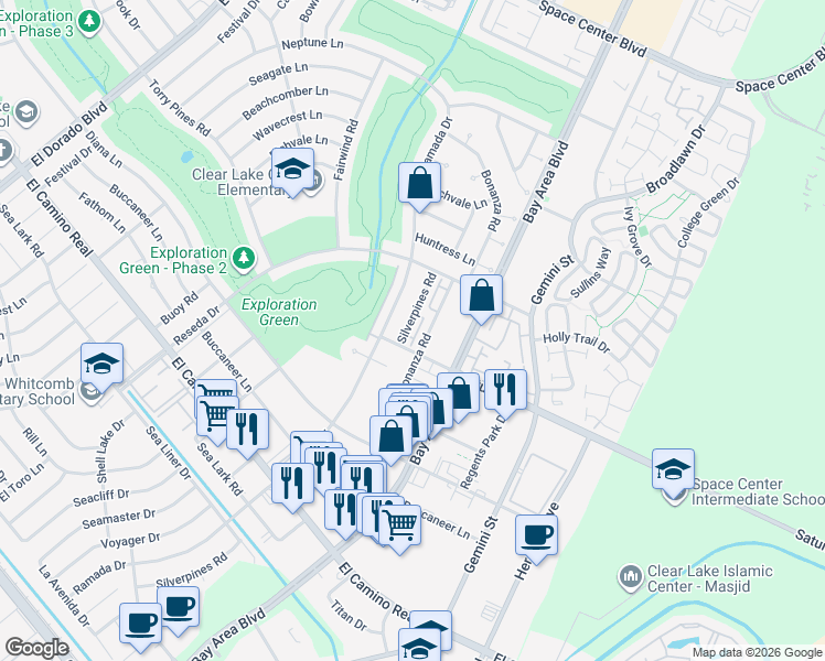 map of restaurants, bars, coffee shops, grocery stores, and more near 1425 Bonanza Road in Houston