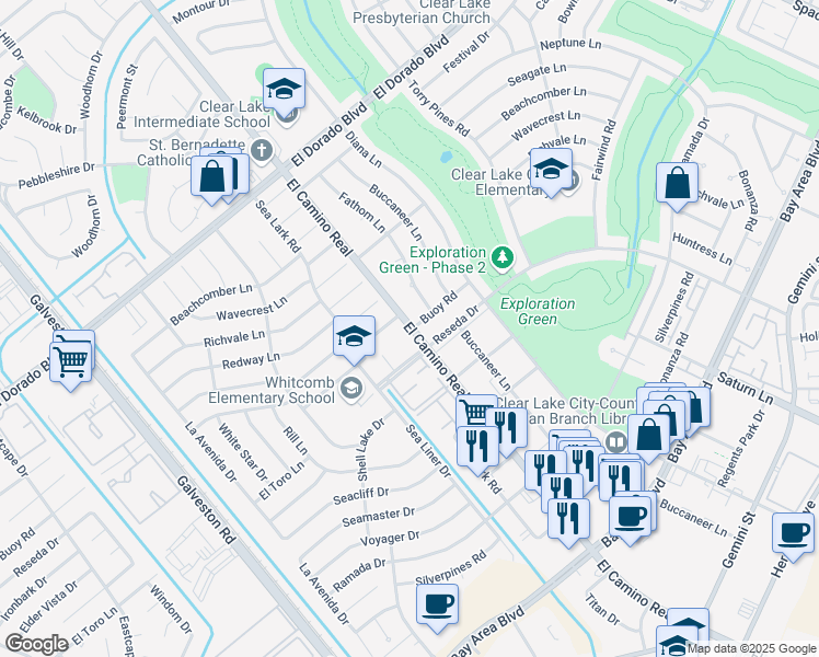 map of restaurants, bars, coffee shops, grocery stores, and more near 16142 El Camino Real in Houston