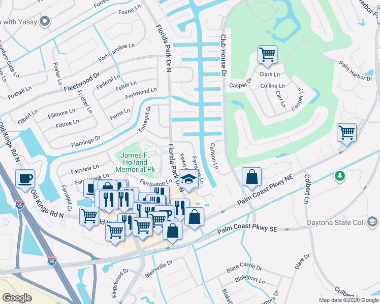 map of restaurants, bars, coffee shops, grocery stores, and more near 35 Farraday Lane in Palm Coast