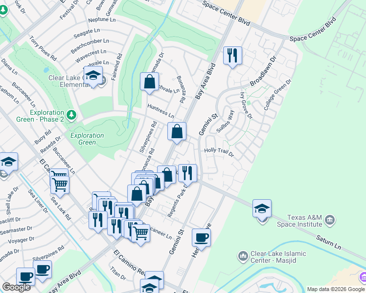 map of restaurants, bars, coffee shops, grocery stores, and more near 1516 Bay Area Boulevard in Houston