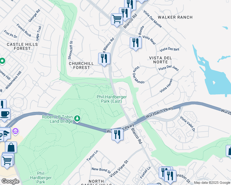 map of restaurants, bars, coffee shops, grocery stores, and more near 13169-13399 Blanco Road in San Antonio