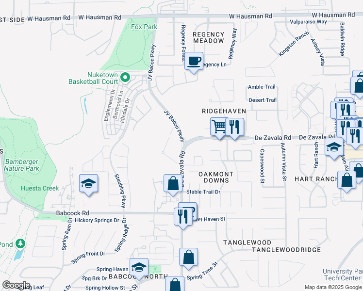 map of restaurants, bars, coffee shops, grocery stores, and more near 6420 De Zavala Road in San Antonio