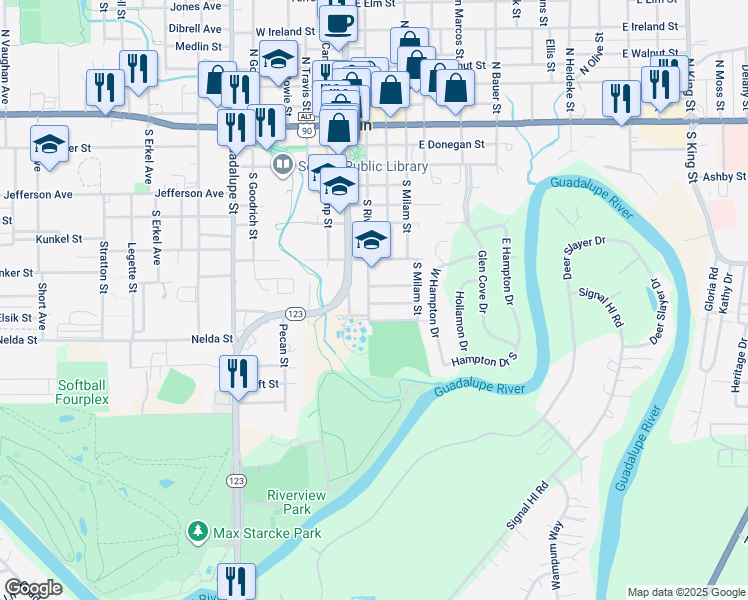 map of restaurants, bars, coffee shops, grocery stores, and more near 753 South River Street in Seguin