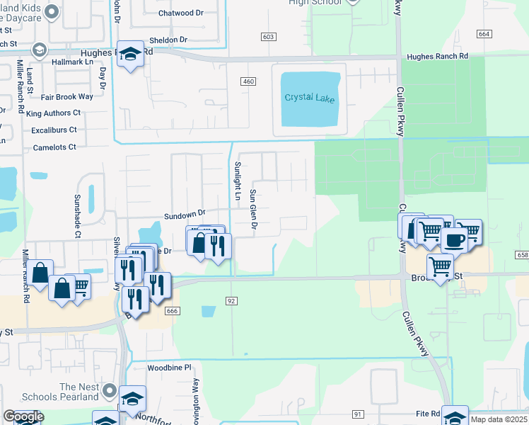 map of restaurants, bars, coffee shops, grocery stores, and more near 9006 Sundown Drive in Pearland