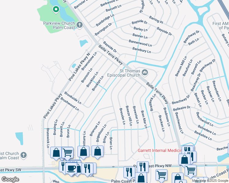 map of restaurants, bars, coffee shops, grocery stores, and more near 119 Bressler Lane in Palm Coast