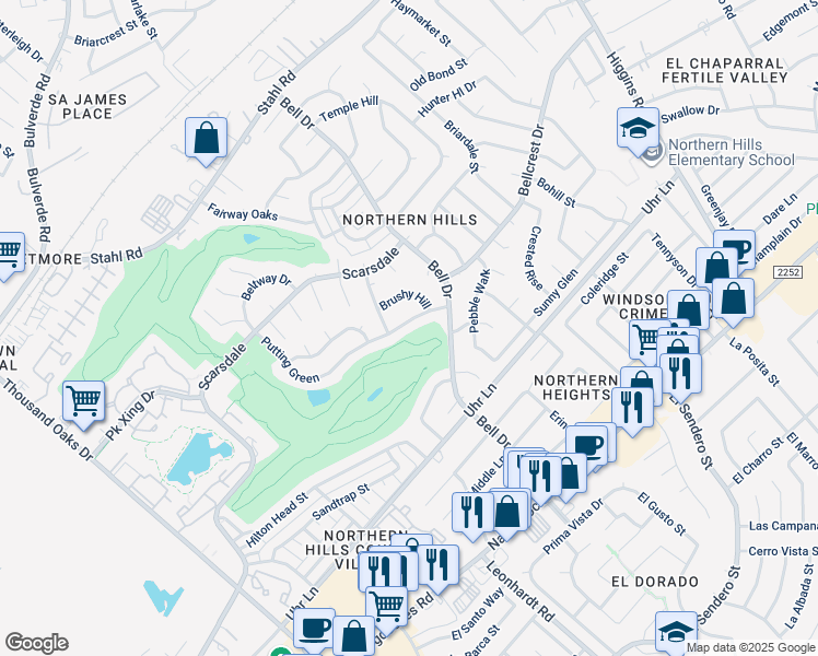 map of restaurants, bars, coffee shops, grocery stores, and more near 4418 Putting Green in San Antonio