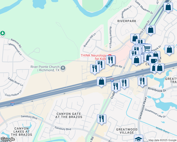 map of restaurants, bars, coffee shops, grocery stores, and more near 5200 Pointe West Circle in Richmond