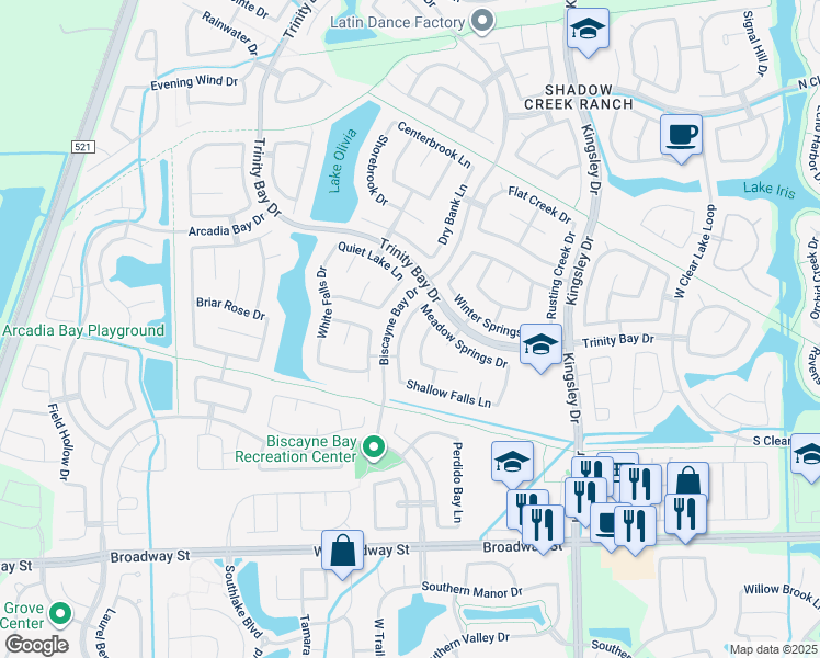 map of restaurants, bars, coffee shops, grocery stores, and more near 2611 Golden Creek Lane in Pearland