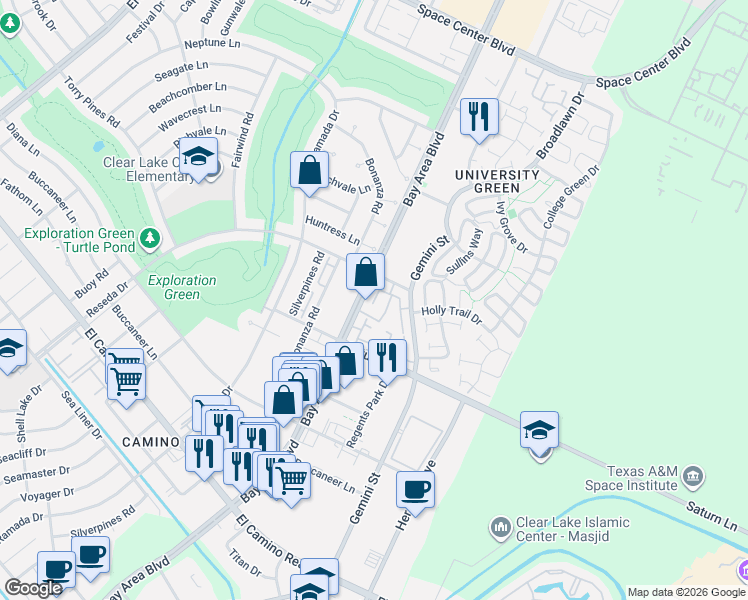 map of restaurants, bars, coffee shops, grocery stores, and more near 1516 Bay Area Boulevard in Houston