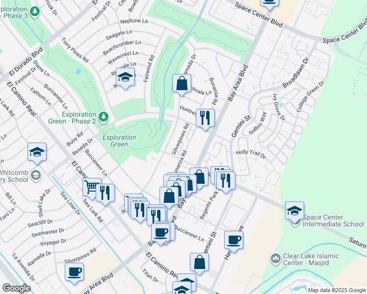 map of restaurants, bars, coffee shops, grocery stores, and more near 1425 Bonanza Road in Houston