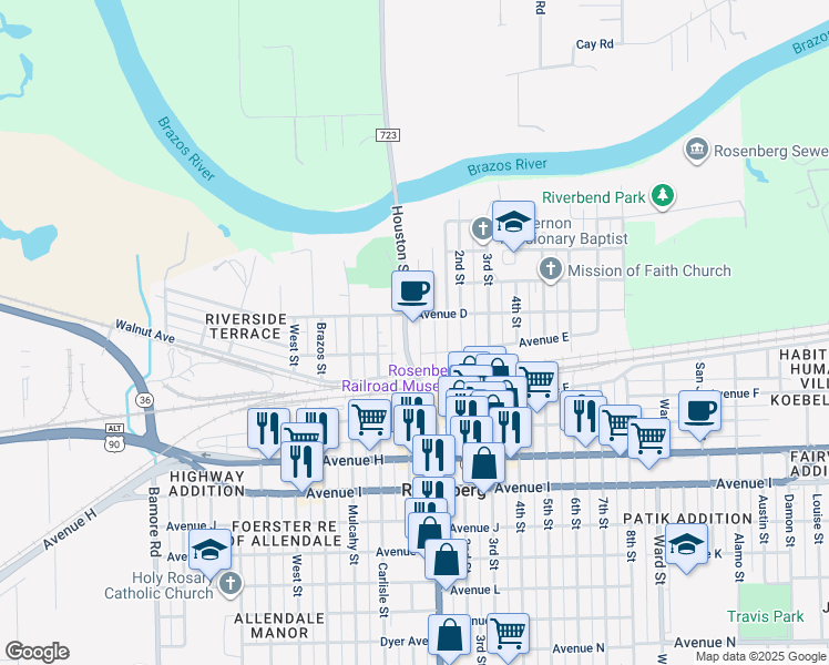 map of restaurants, bars, coffee shops, grocery stores, and more near 527 Houston Street in Rosenberg