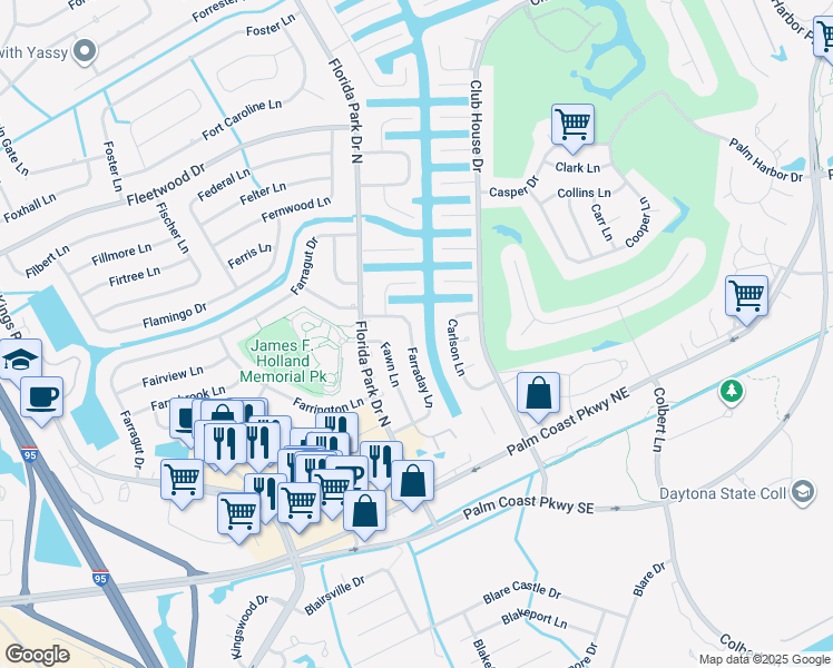 map of restaurants, bars, coffee shops, grocery stores, and more near 39 Farraday Lane in Palm Coast