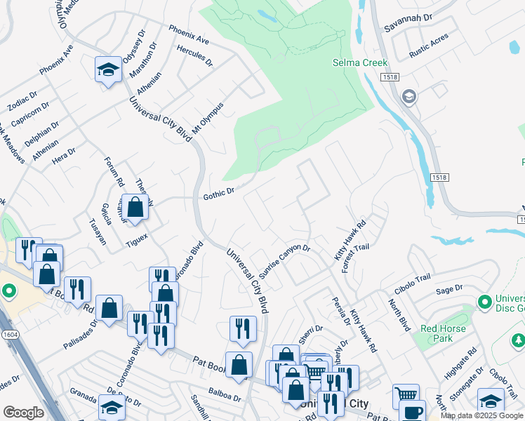 map of restaurants, bars, coffee shops, grocery stores, and more near 107 Baythorne in Universal City