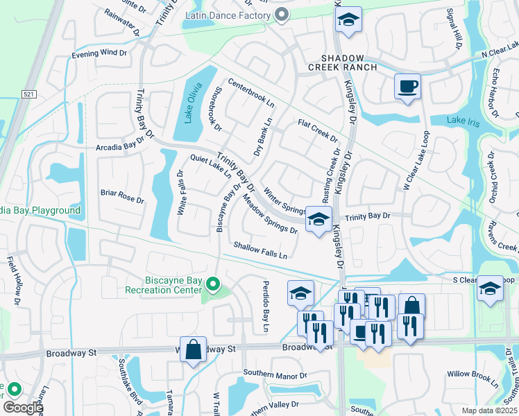 map of restaurants, bars, coffee shops, grocery stores, and more near 13003 Meadow Springs Drive in Pearland