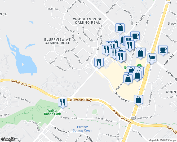 map of restaurants, bars, coffee shops, grocery stores, and more near 13754 Bluff Villas Court in San Antonio