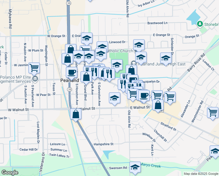 map of restaurants, bars, coffee shops, grocery stores, and more near 3512 East Broadway Street in Pearland
