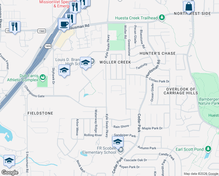 map of restaurants, bars, coffee shops, grocery stores, and more near 12687 Woller Road in San Antonio