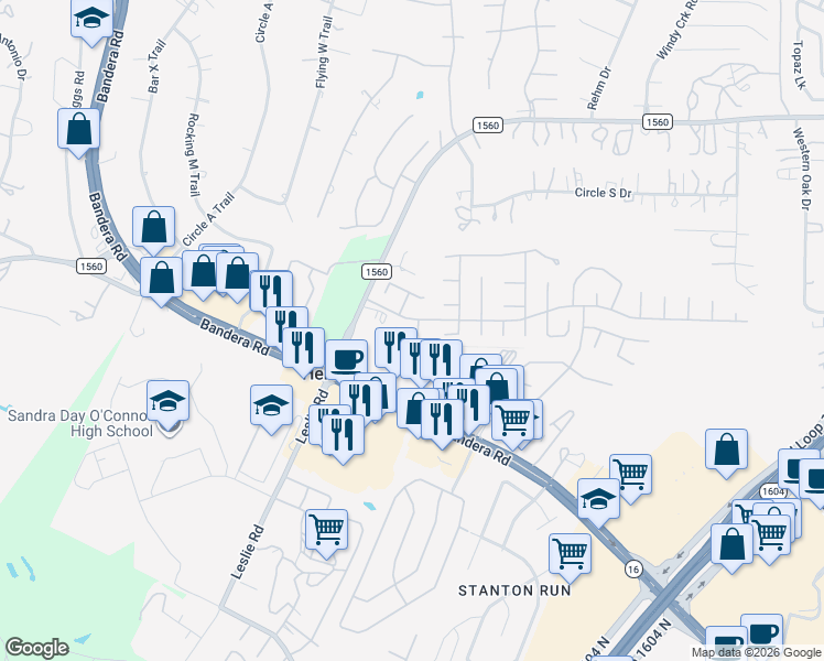map of restaurants, bars, coffee shops, grocery stores, and more near 12822 Bridge Cedar in Helotes