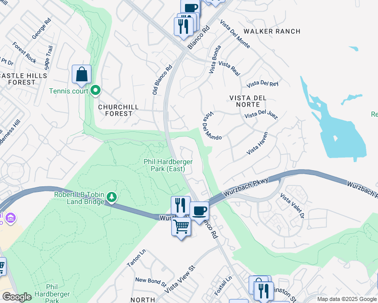 map of restaurants, bars, coffee shops, grocery stores, and more near 13130 Blanco Road in San Antonio