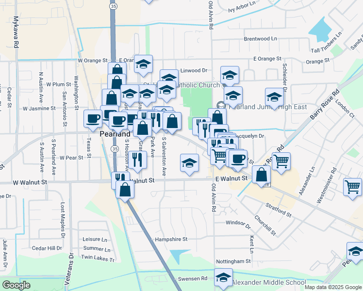 map of restaurants, bars, coffee shops, grocery stores, and more near 3512 West Broadway Street in Pearland