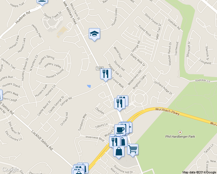 map of restaurants, bars, coffee shops, grocery stores, and more near 13129 Northwest Military Highway in San Antonio